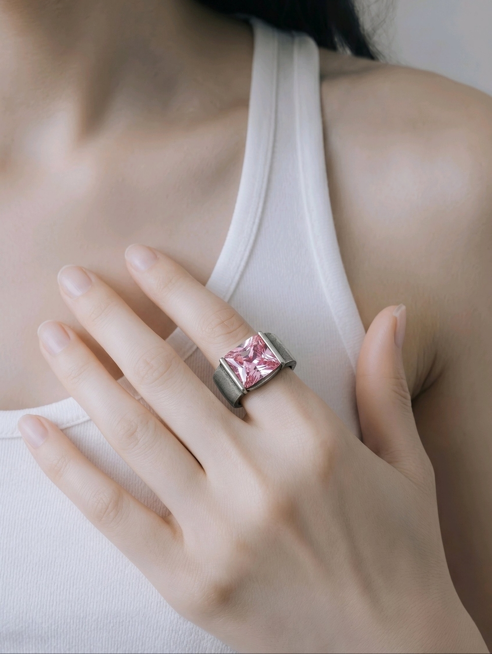 Romantic Pink Princess Cut Stone 925 Silver SZ 5 Taxco Mexico